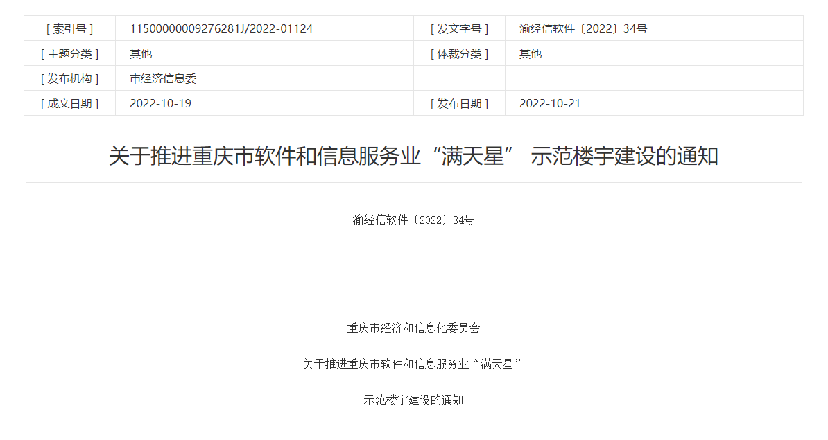 重慶將遴選一批軟件和信息服務業(yè)“滿天星”示范樓宇